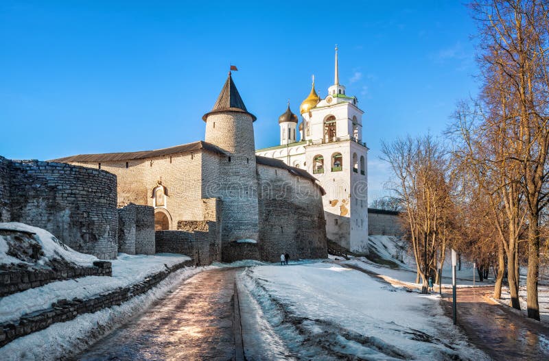 View of Pskov Krom and the stone wall of the spring park